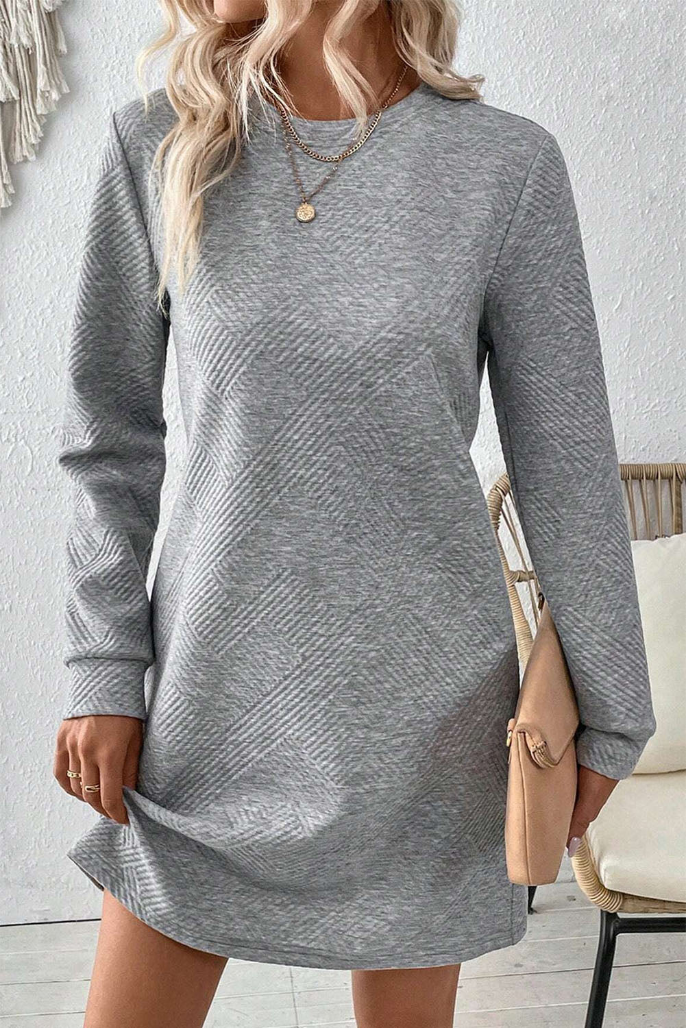 Solid Color Textured Long Sleeve Shift Dress