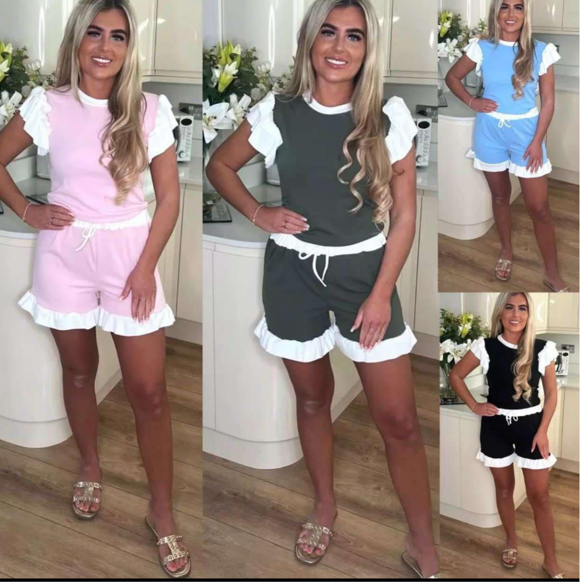 Ribbed frill top and short set