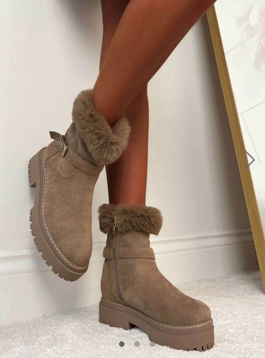 Beige Fluffy Ankle Boots