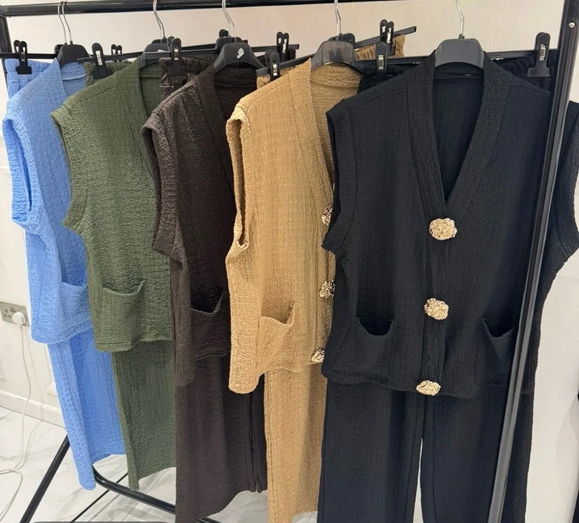 Gold Button With Pockets Top And Trouser Set