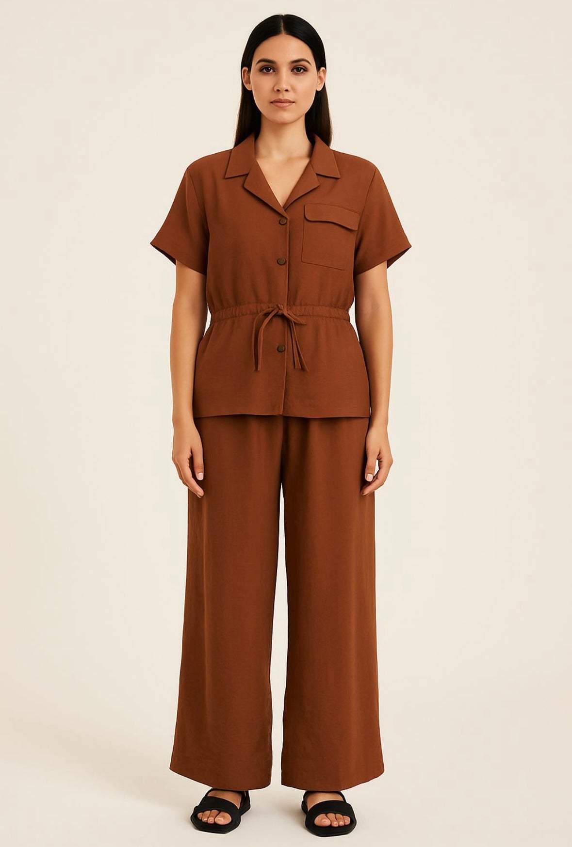 Tie Waist Top And Flared Trousers Co-ord Set