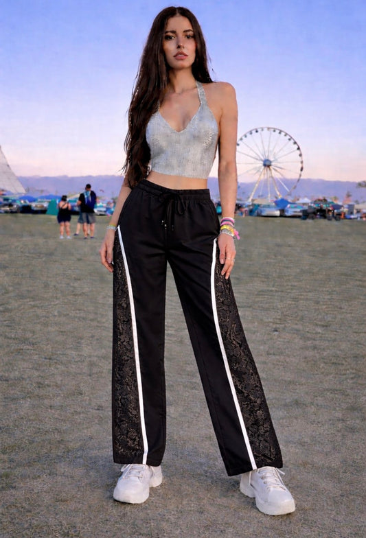 Black Lace Trousers With White Stripe