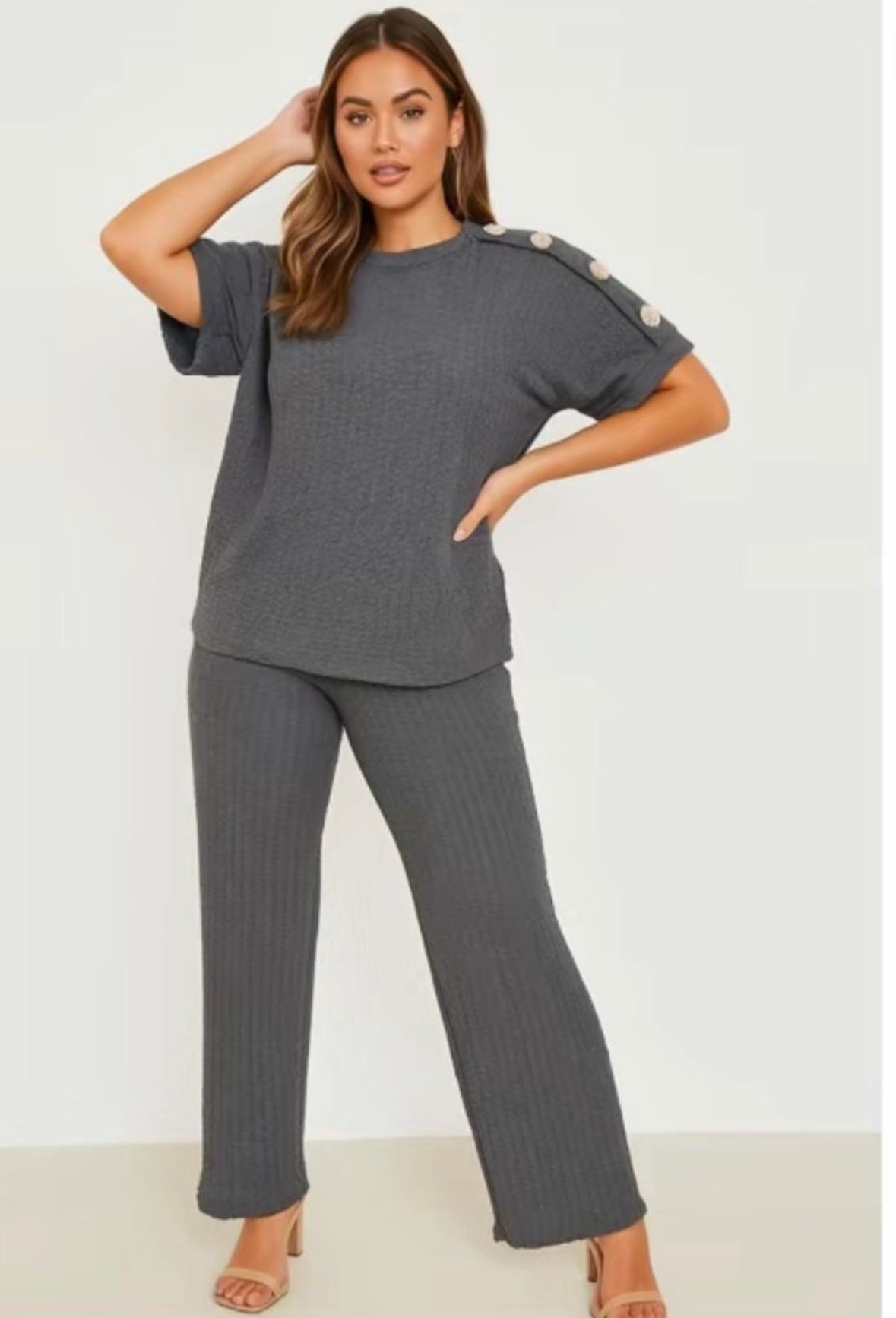 Short Sleeve Shoulder Button Top And Trouser Set