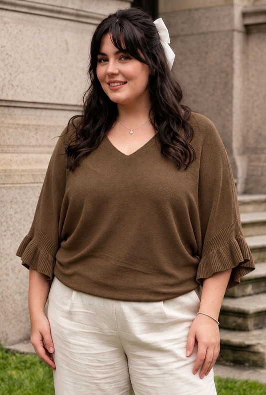 V Neck Knitted Ruffle Sleeve Jumper