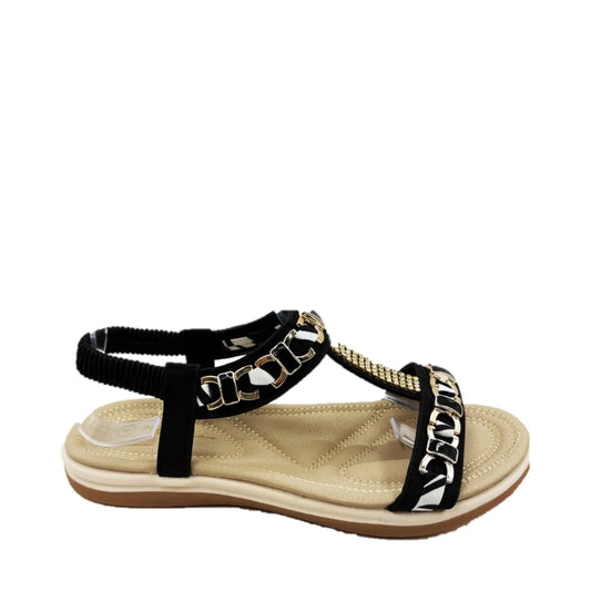 Black Diamante and Chain Detail Elasticated Back Flat Sandal