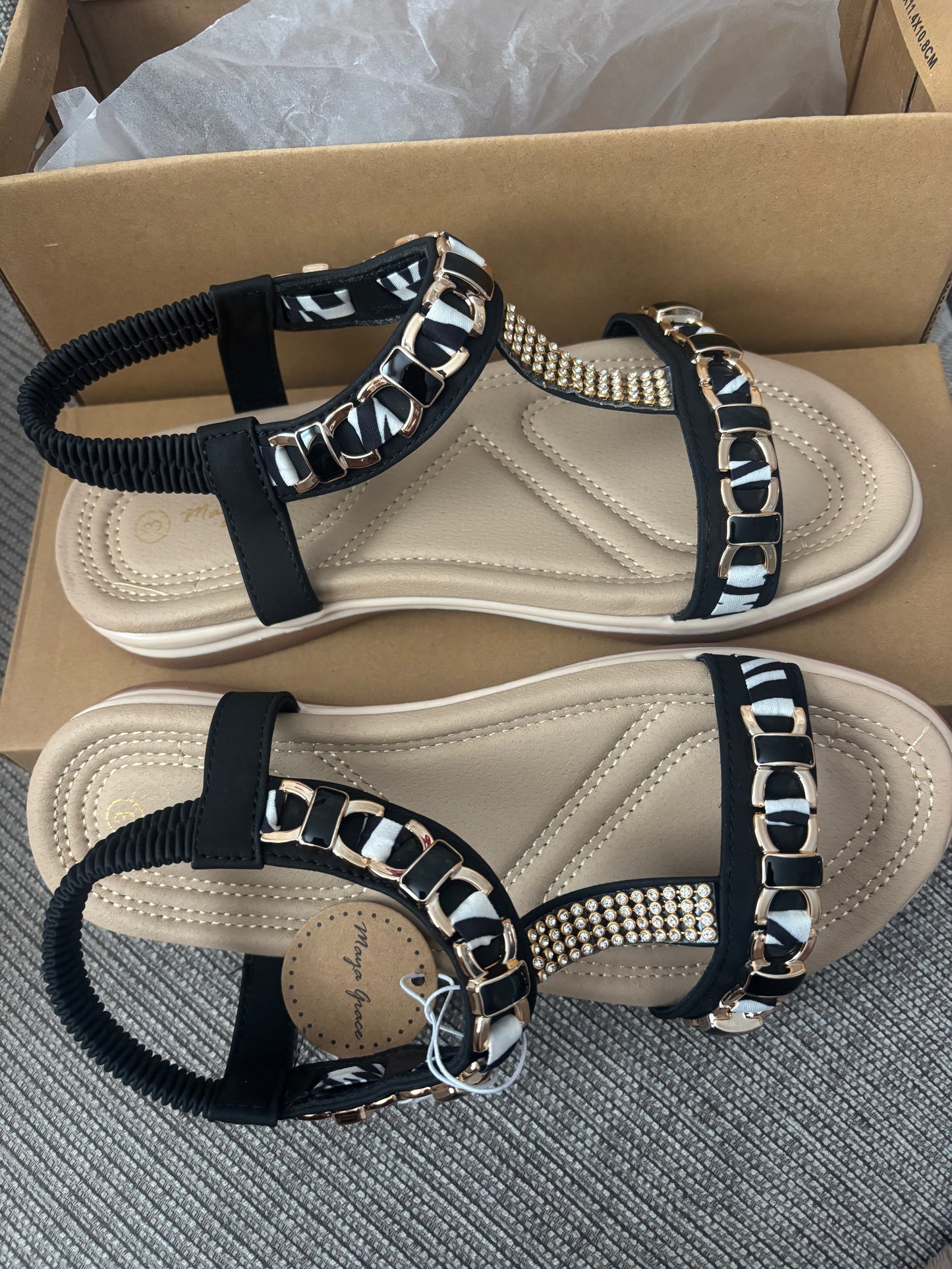 Black Diamante and Chain Detail Elasticated Back Flat Sandal