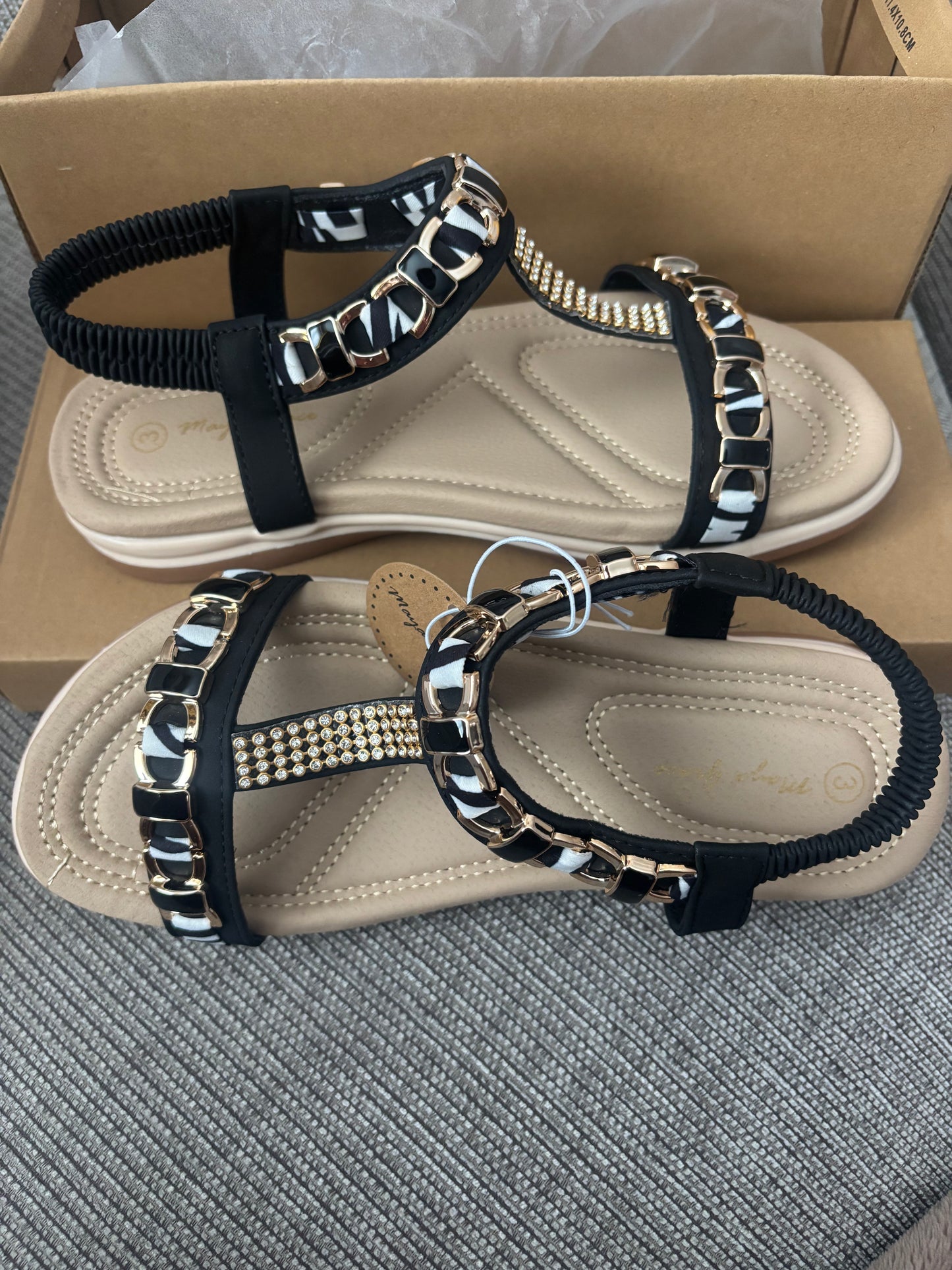 Black Diamante and Chain Detail Elasticated Back Flat Sandal