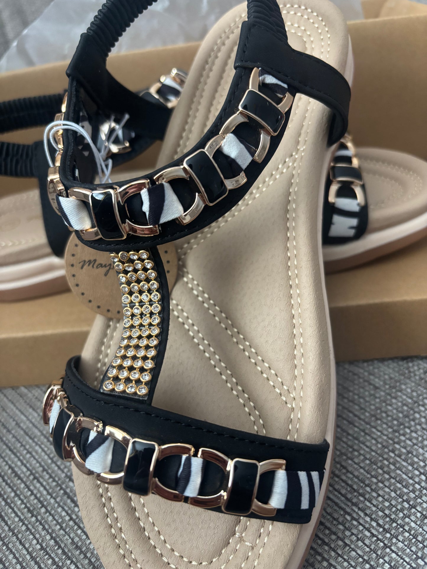 Black Diamante and Chain Detail Elasticated Back Flat Sandal