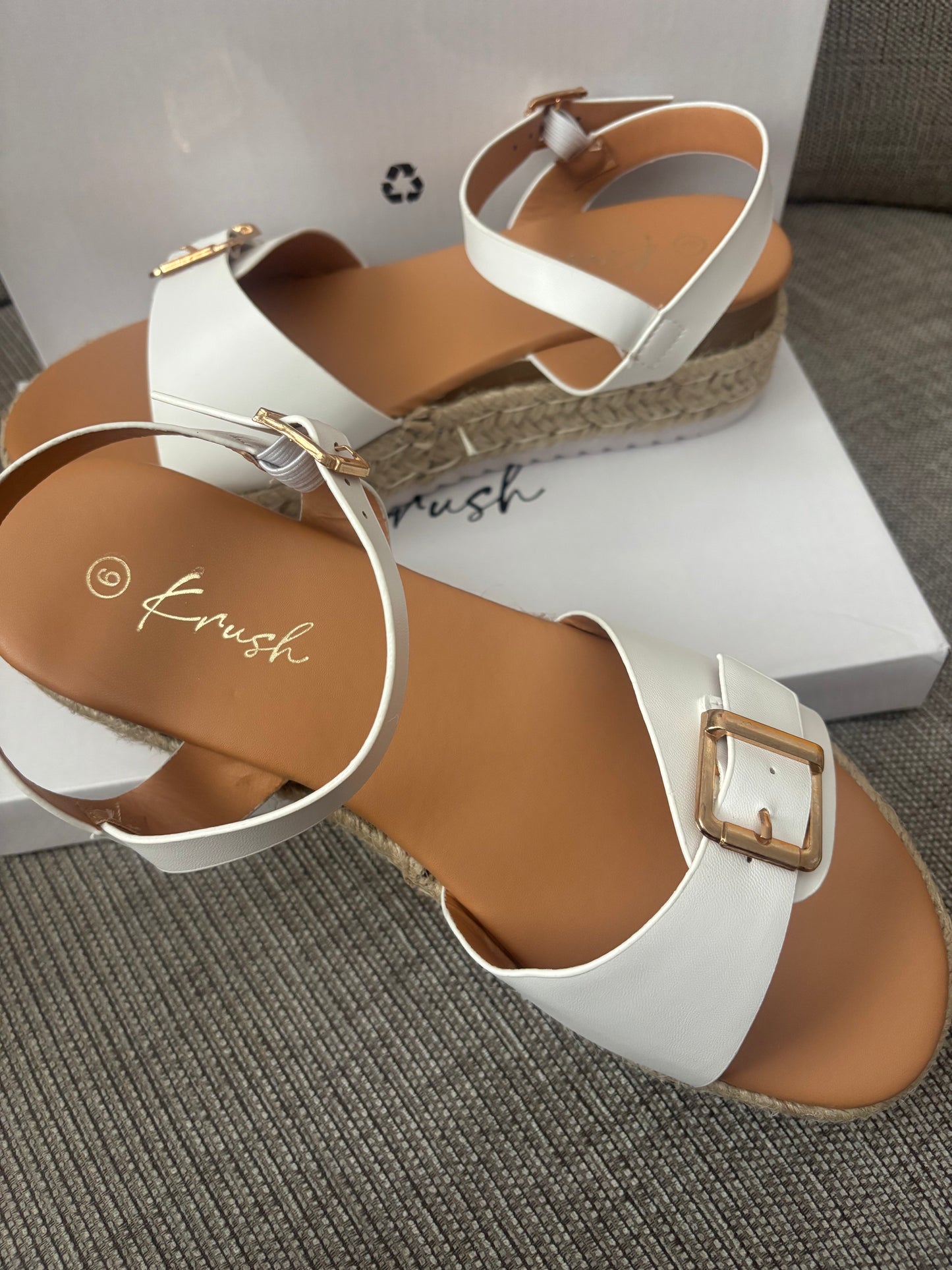 Ladies White Wide Fit Buckle Trim Flatform