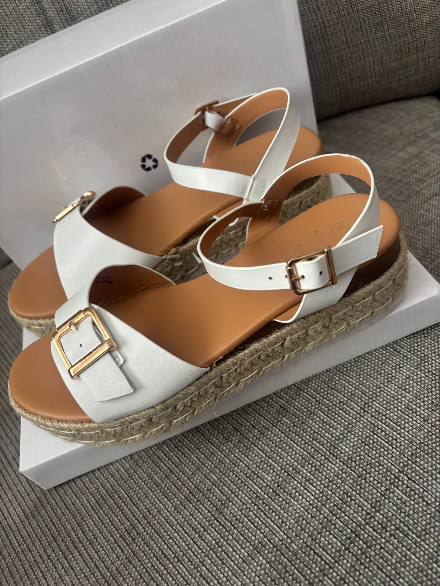 Ladies White Wide Fit Buckle Trim Flatform