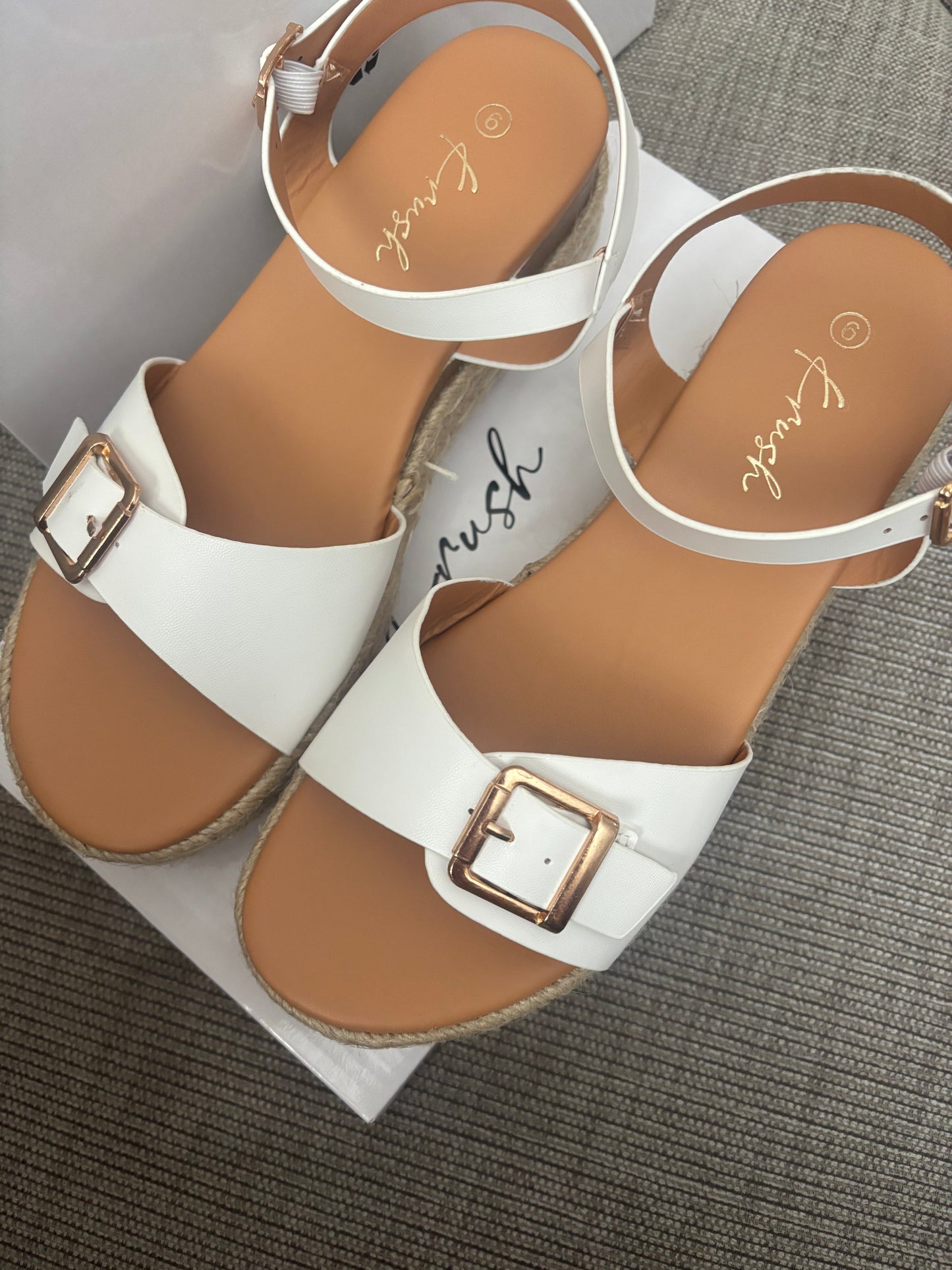 Ladies White Wide Fit Buckle Trim Flatform