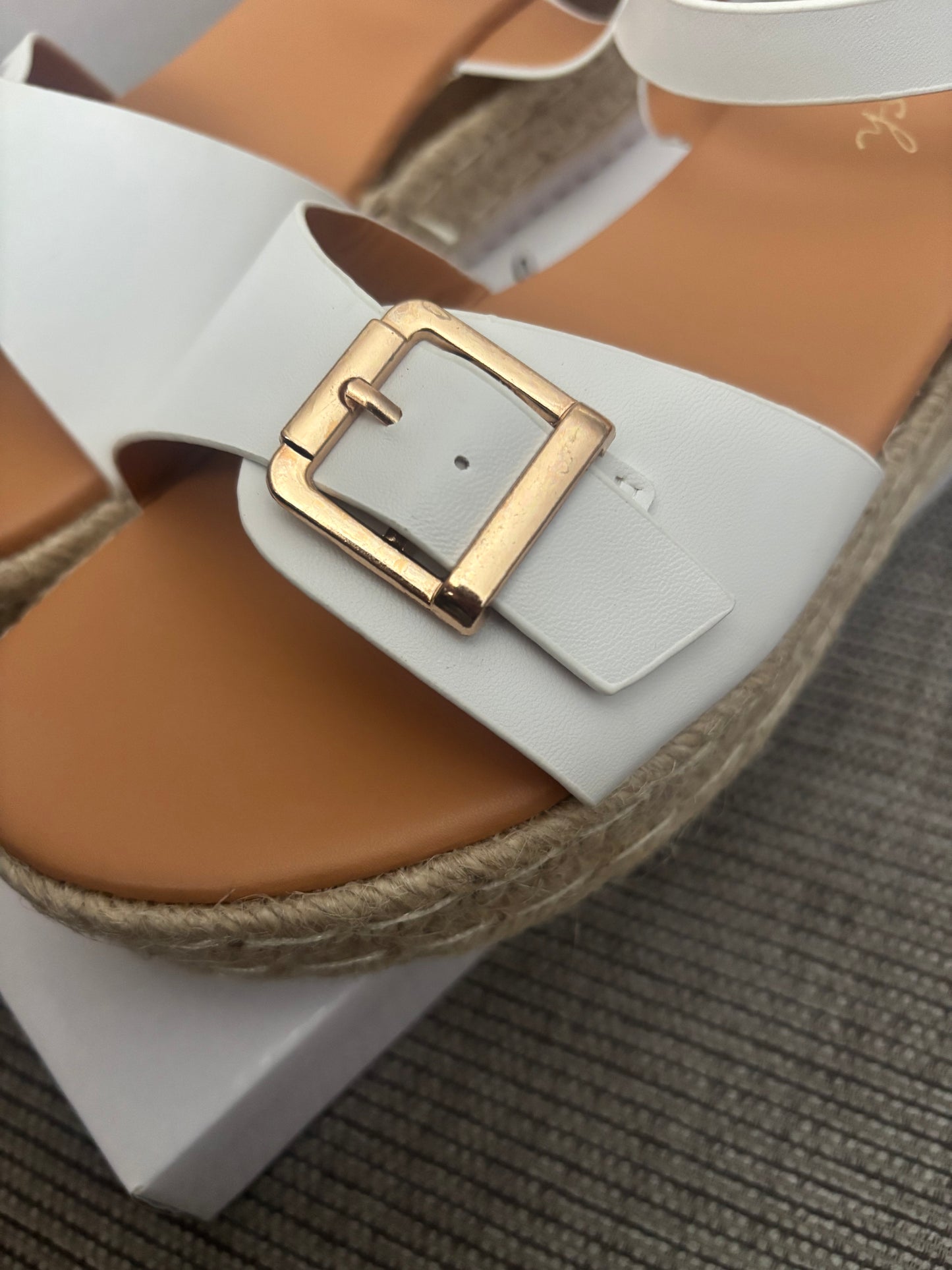 Ladies White Wide Fit Buckle Trim Flatform