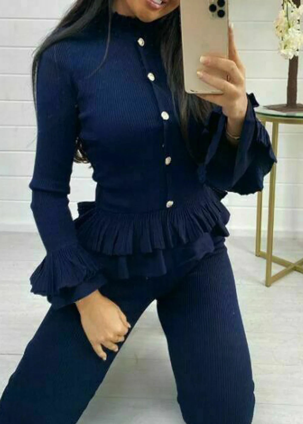 Ribbed Peplum Button Loungewear Set