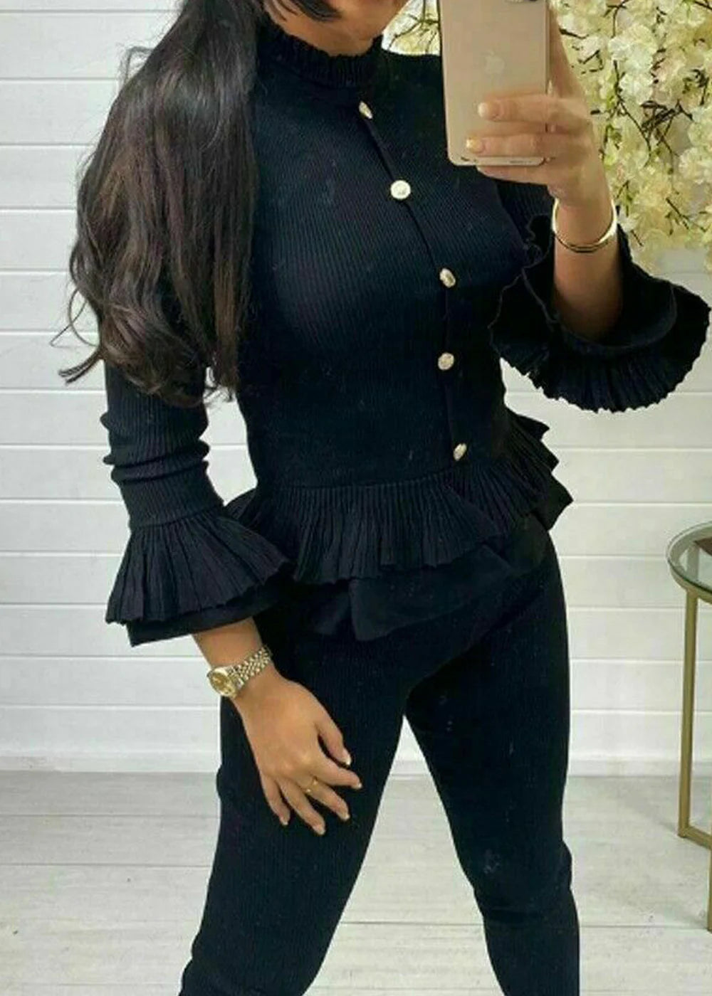 Ribbed Peplum Button Loungewear Set