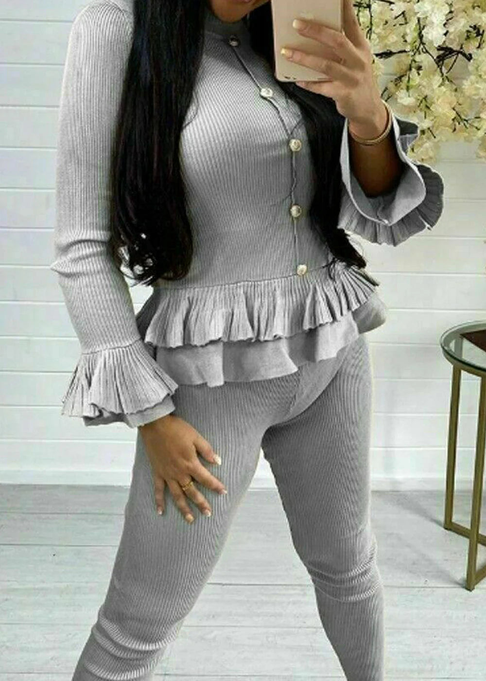 Ribbed Peplum Button Loungewear Set