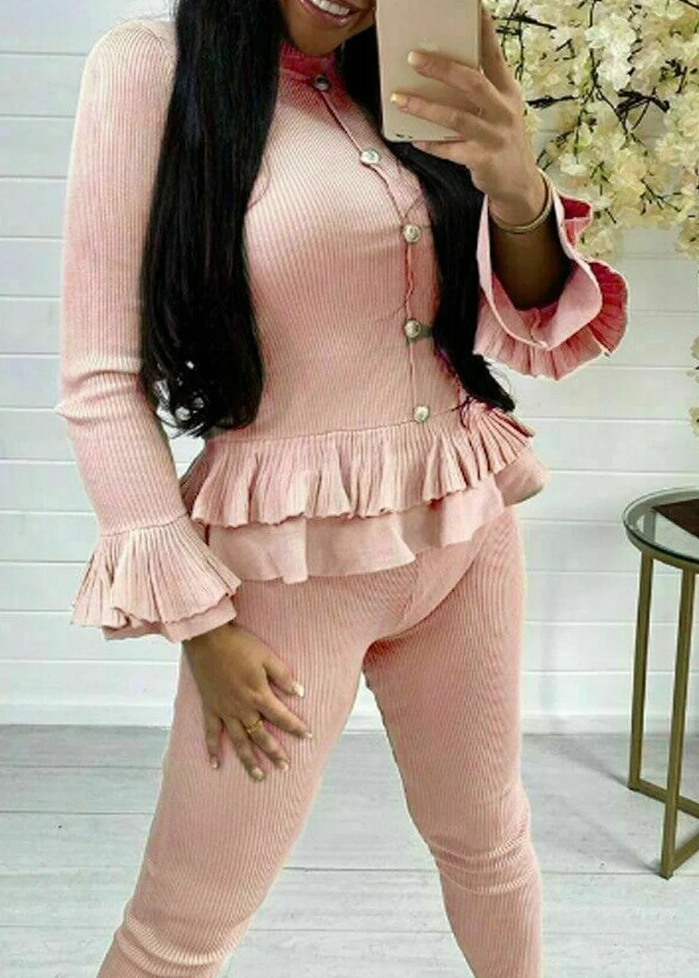 Ribbed Peplum Button Loungewear Set