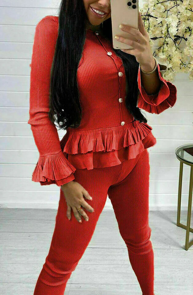 Ribbed Peplum Button Loungewear Set
