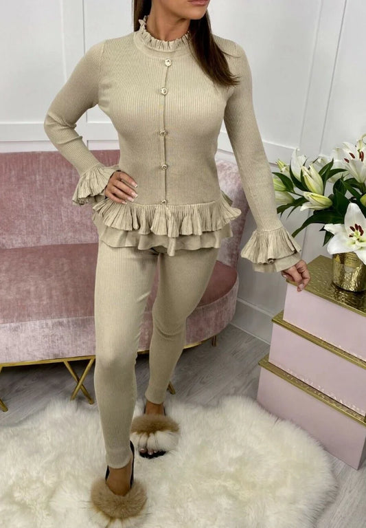 Ribbed Peplum Button Loungewear Set