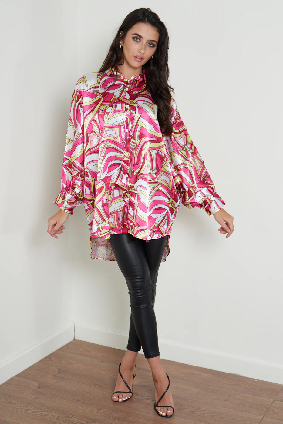 Printed oversized dip hem satin shirt