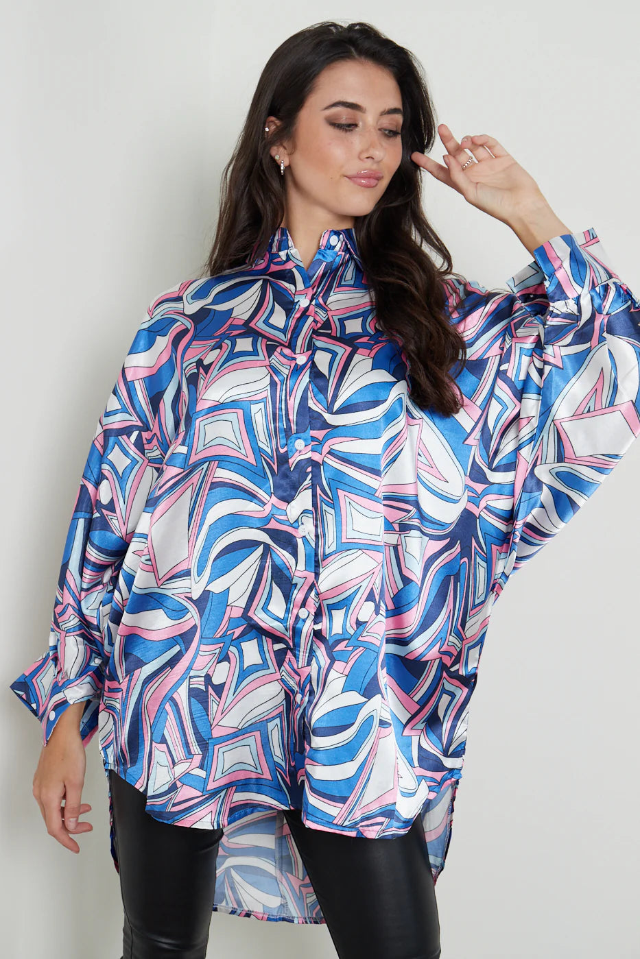 Printed oversized dip hem satin shirt