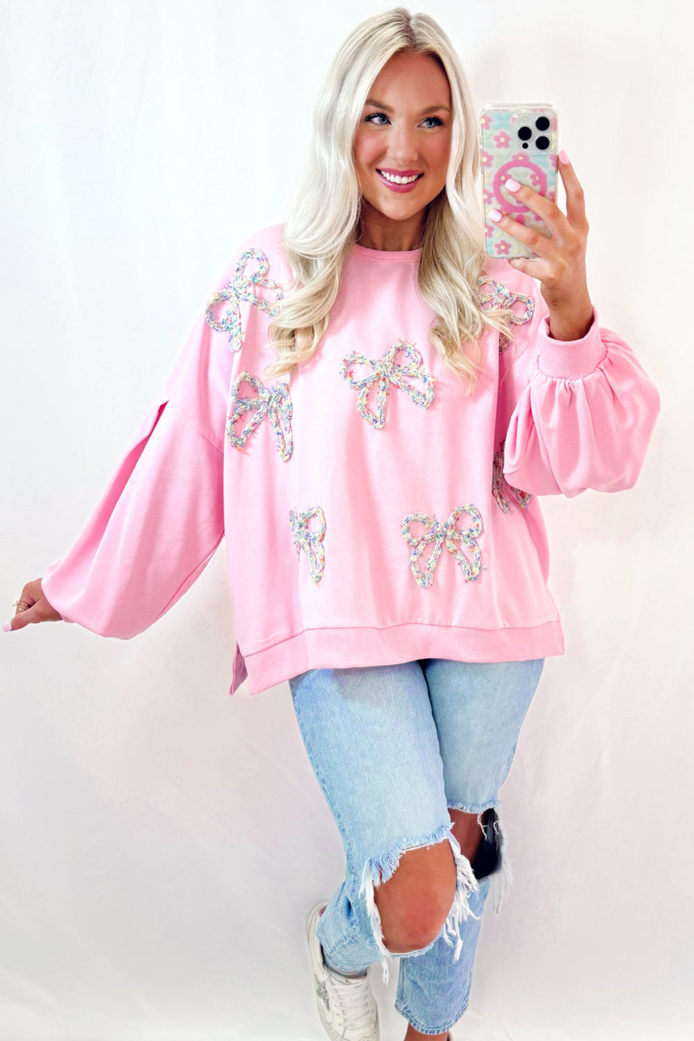Parchment Embroidered Bow Lantern Sleeve Oversized Pullover Sweatshirt