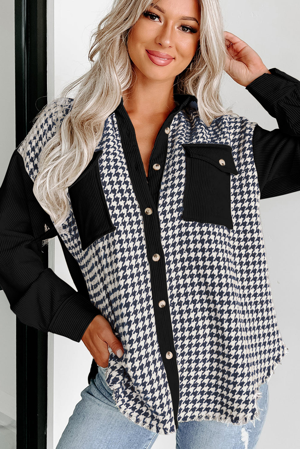 Houndstooth Corduroy Patchwork Flap Pocket Shacket