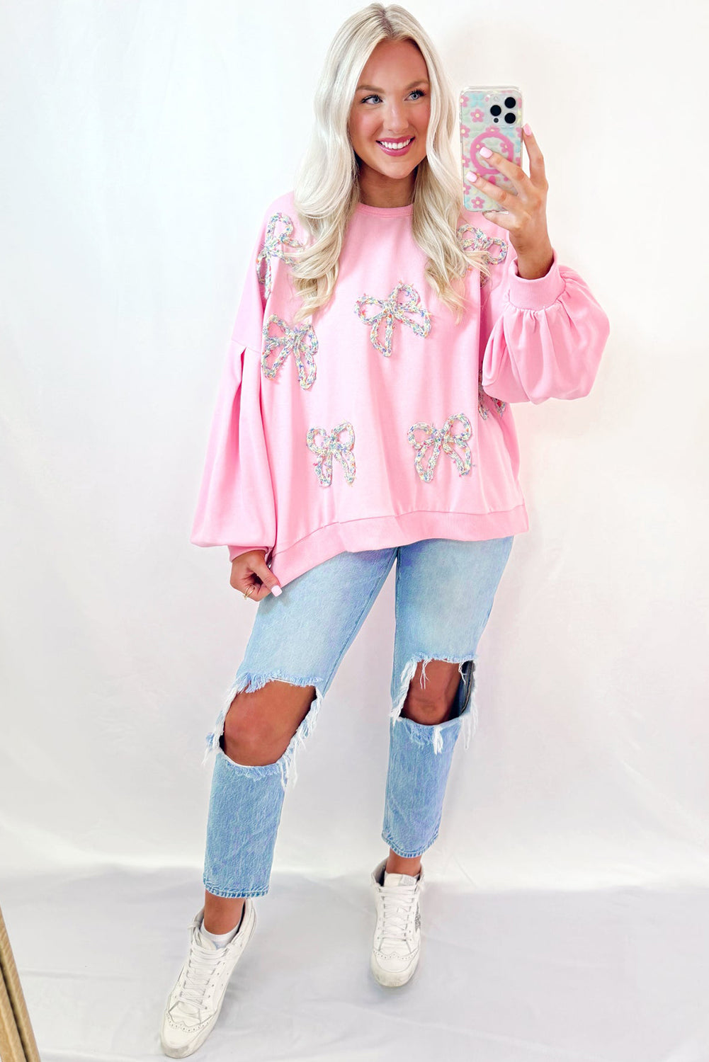 Parchment Embroidered Bow Lantern Sleeve Oversized Pullover Sweatshirt