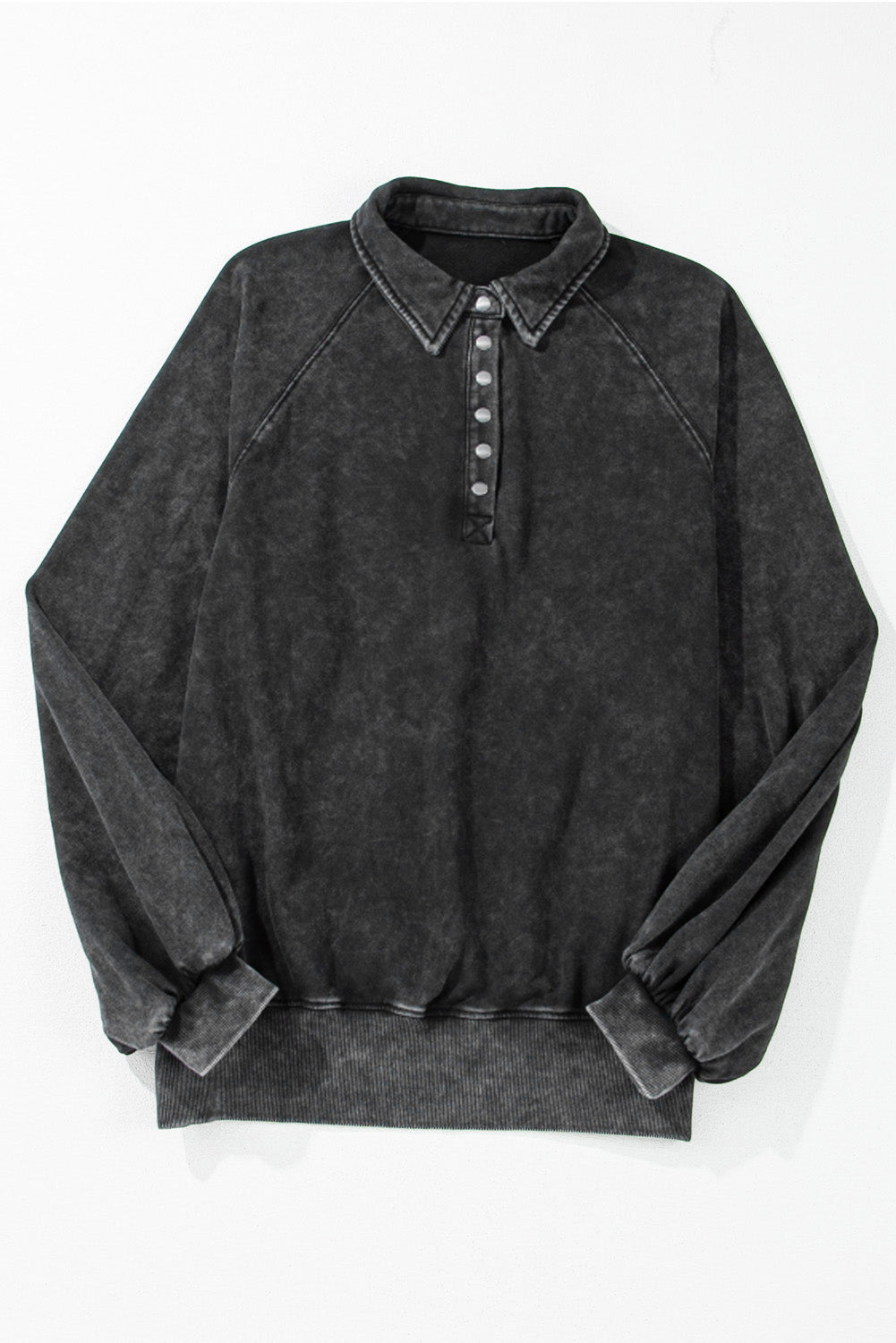 Solid Snap Buttons Collared Balloon Sleeve Oversized Sweatshirt