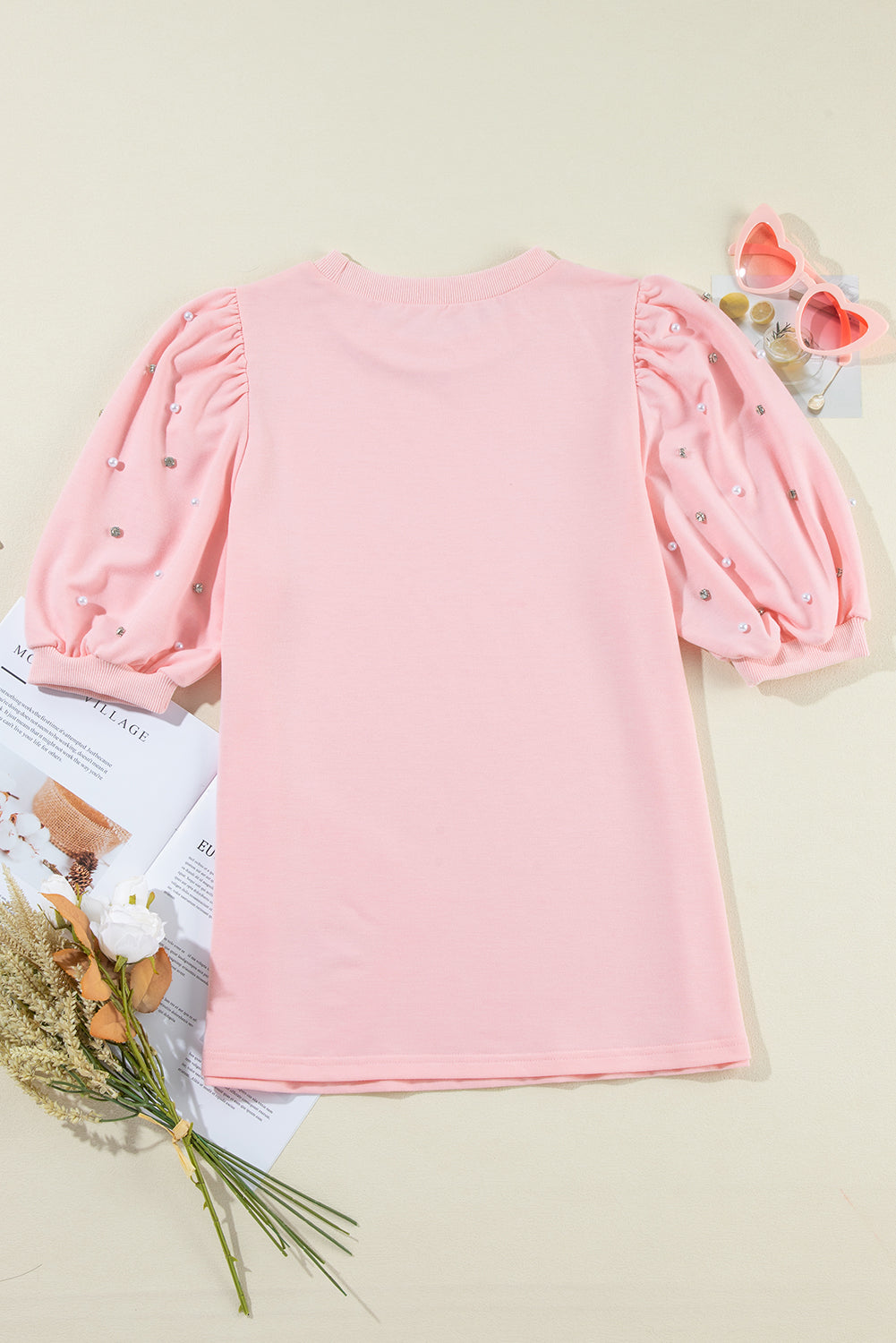 Rhinestone Pearl Puff Half Sleeve Top