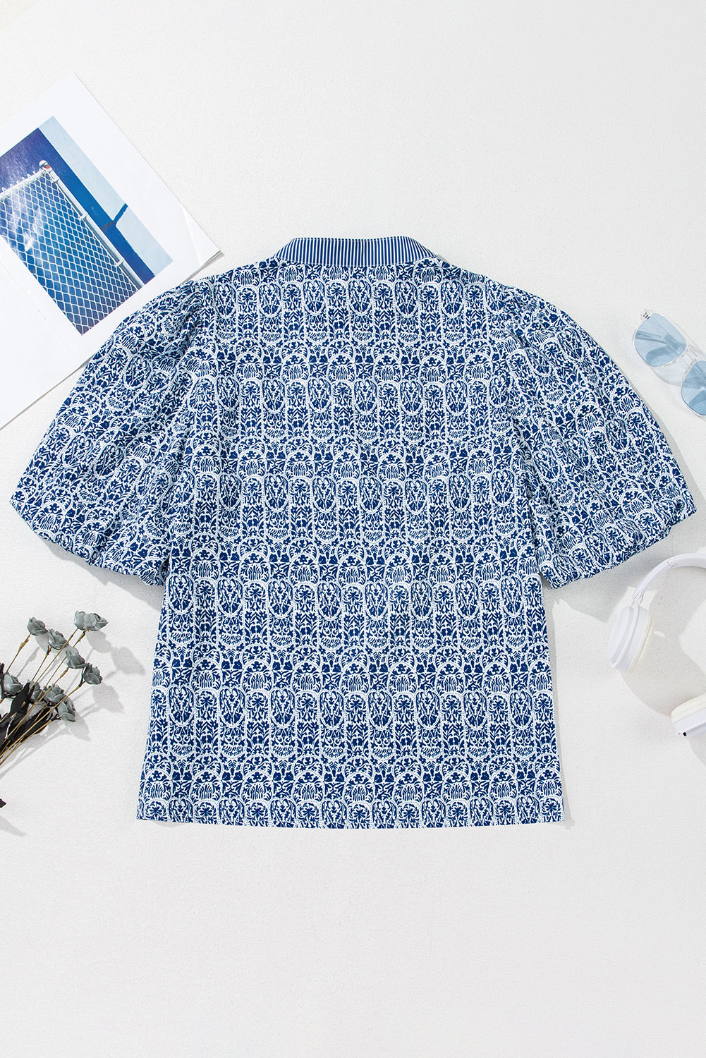 Blue Floral Striped Print Contrast Puff Sleeve Top