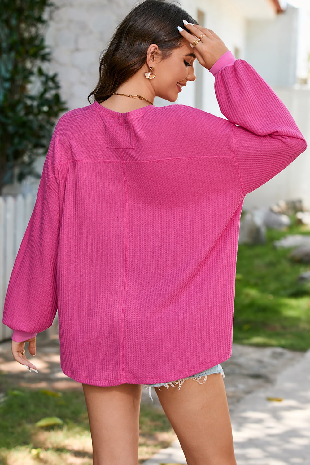 Blackish Green Waffle V Neck Long Sleeve Drop Shoulder Loose Blouse