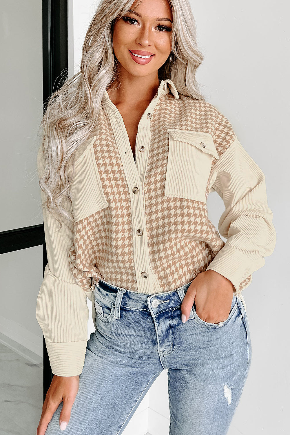 Houndstooth Corduroy Patchwork Flap Pocket Shacket