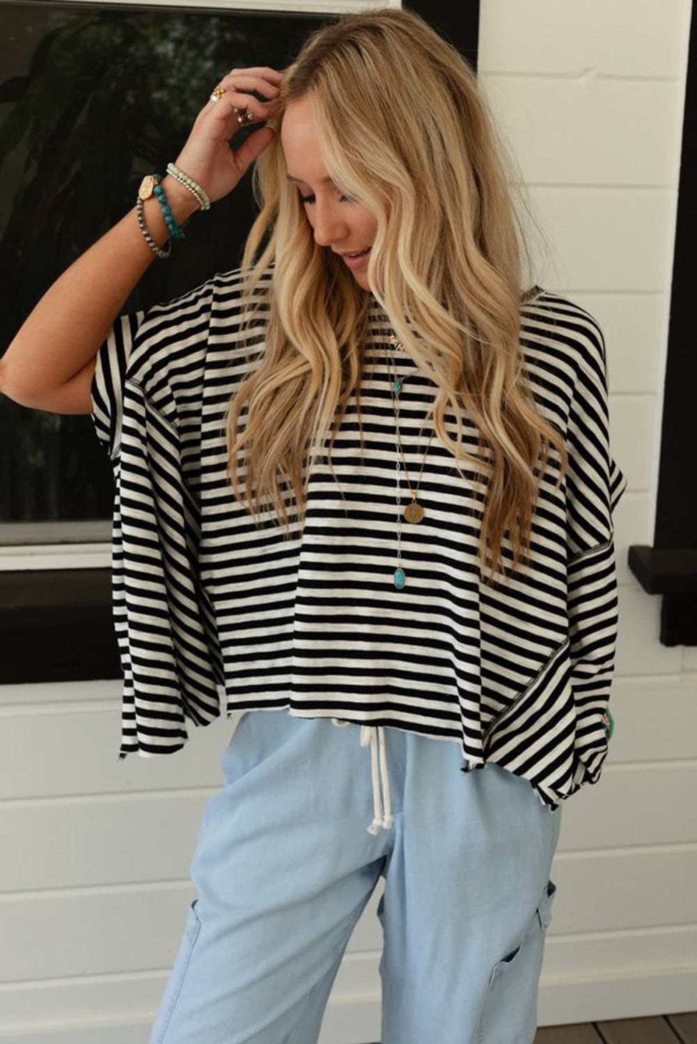 Stripe Batwing Sleeve Crewneck Oversized Top