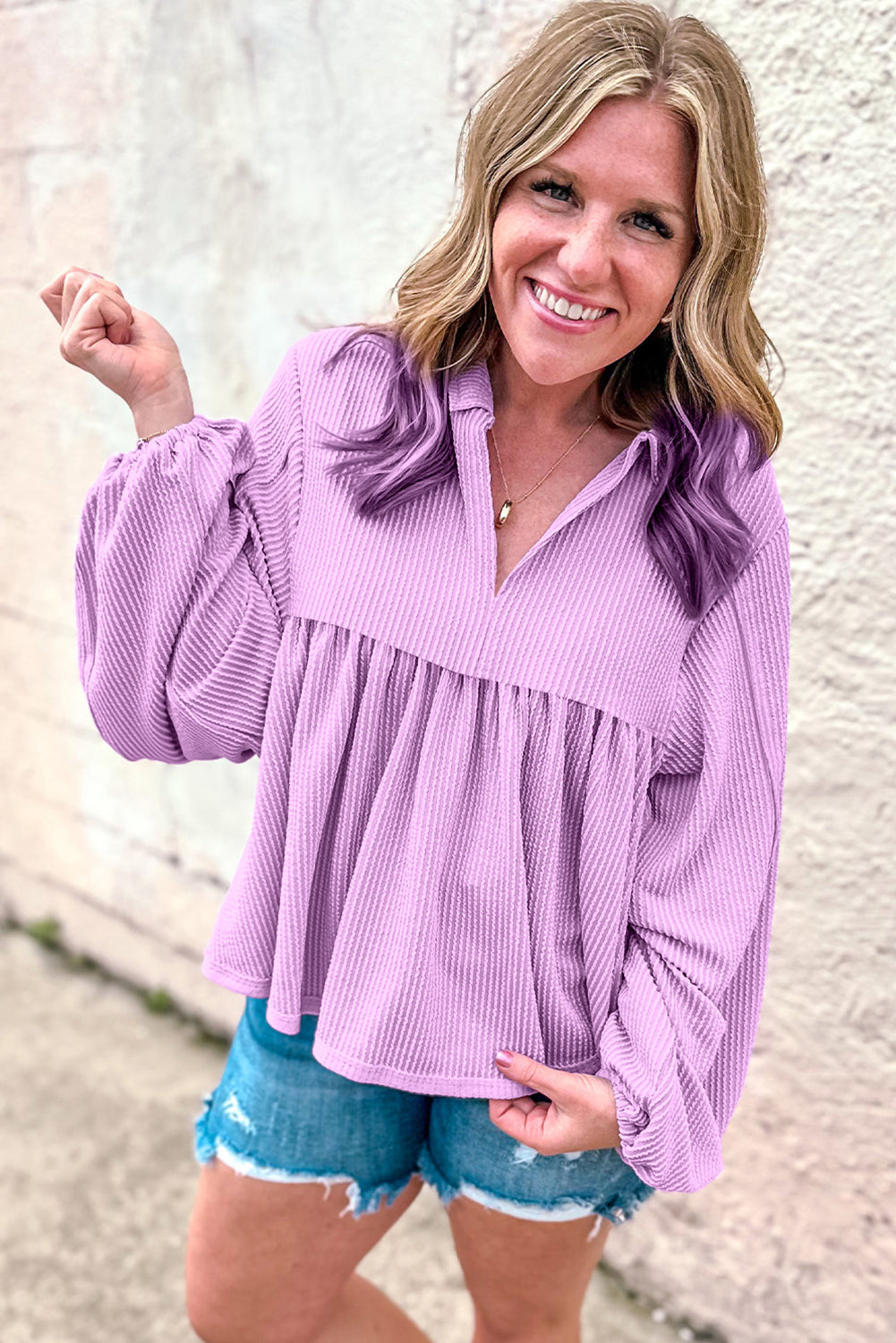 Corded Turn-down V Neck Bubble Sleeve Babydoll Blouse