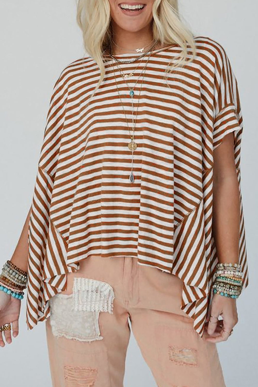 Stripe Batwing Sleeve Crewneck Oversized Top