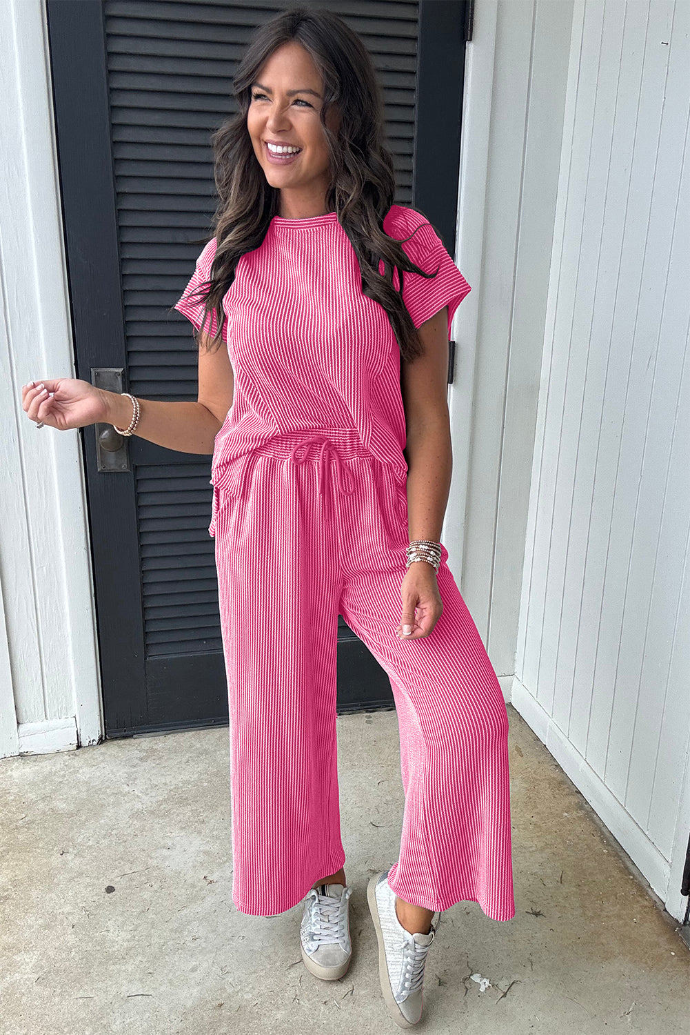 Solid Corded Knit Short Sleeve T Shirt and Wide Leg Pants Set