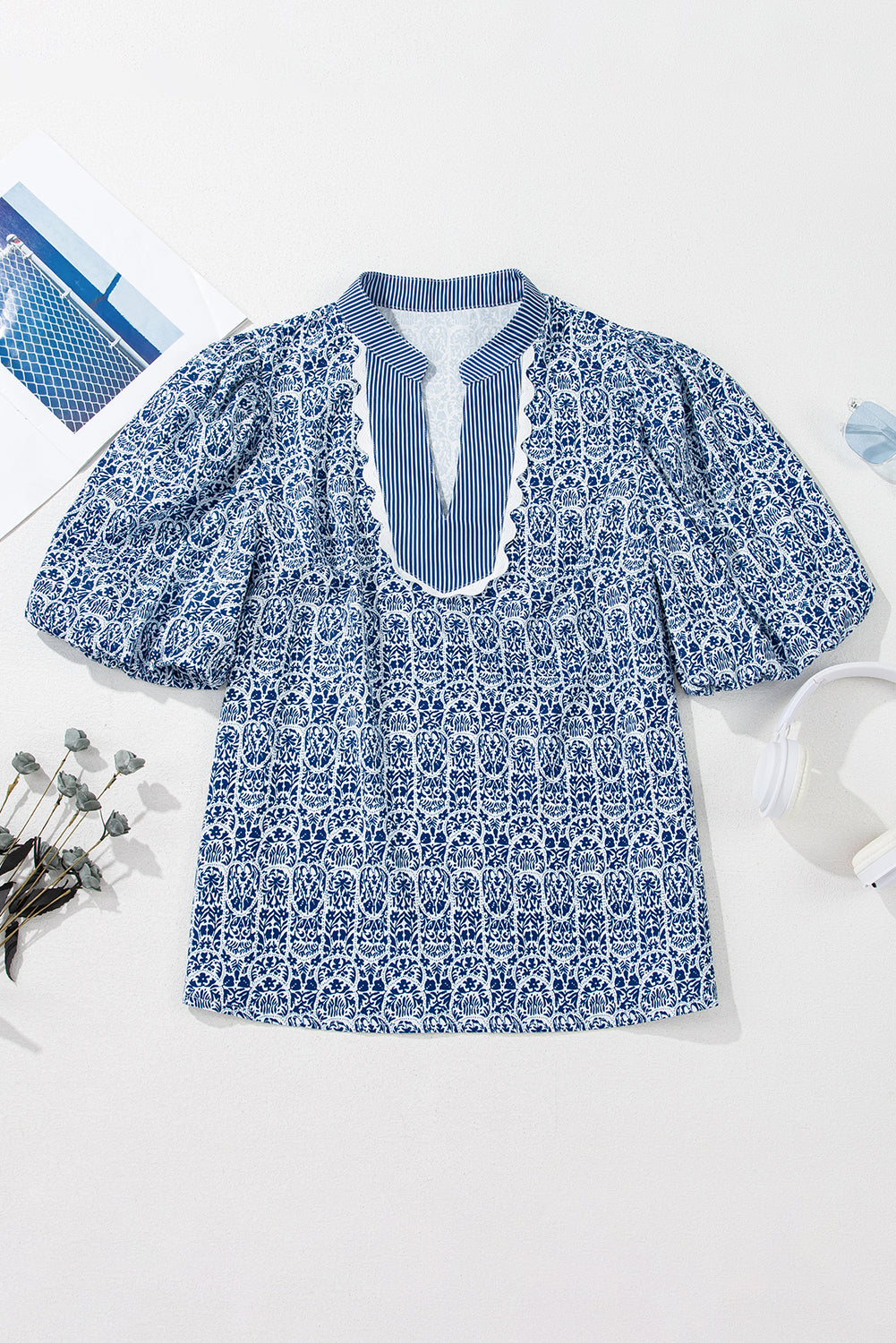Blue Floral Striped Print Contrast Puff Sleeve Top