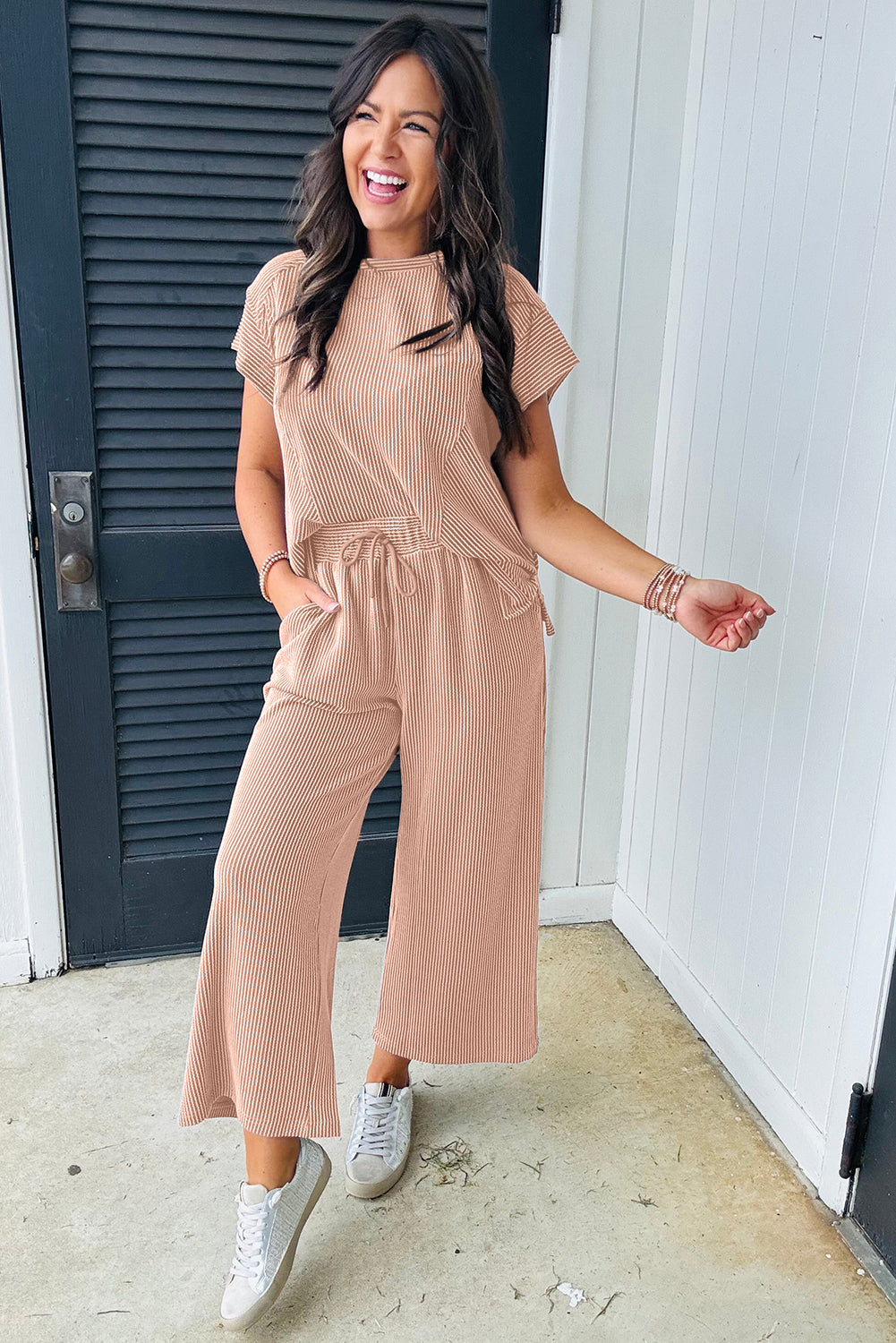 Solid Corded Knit Short Sleeve T Shirt and Wide Leg Pants Set
