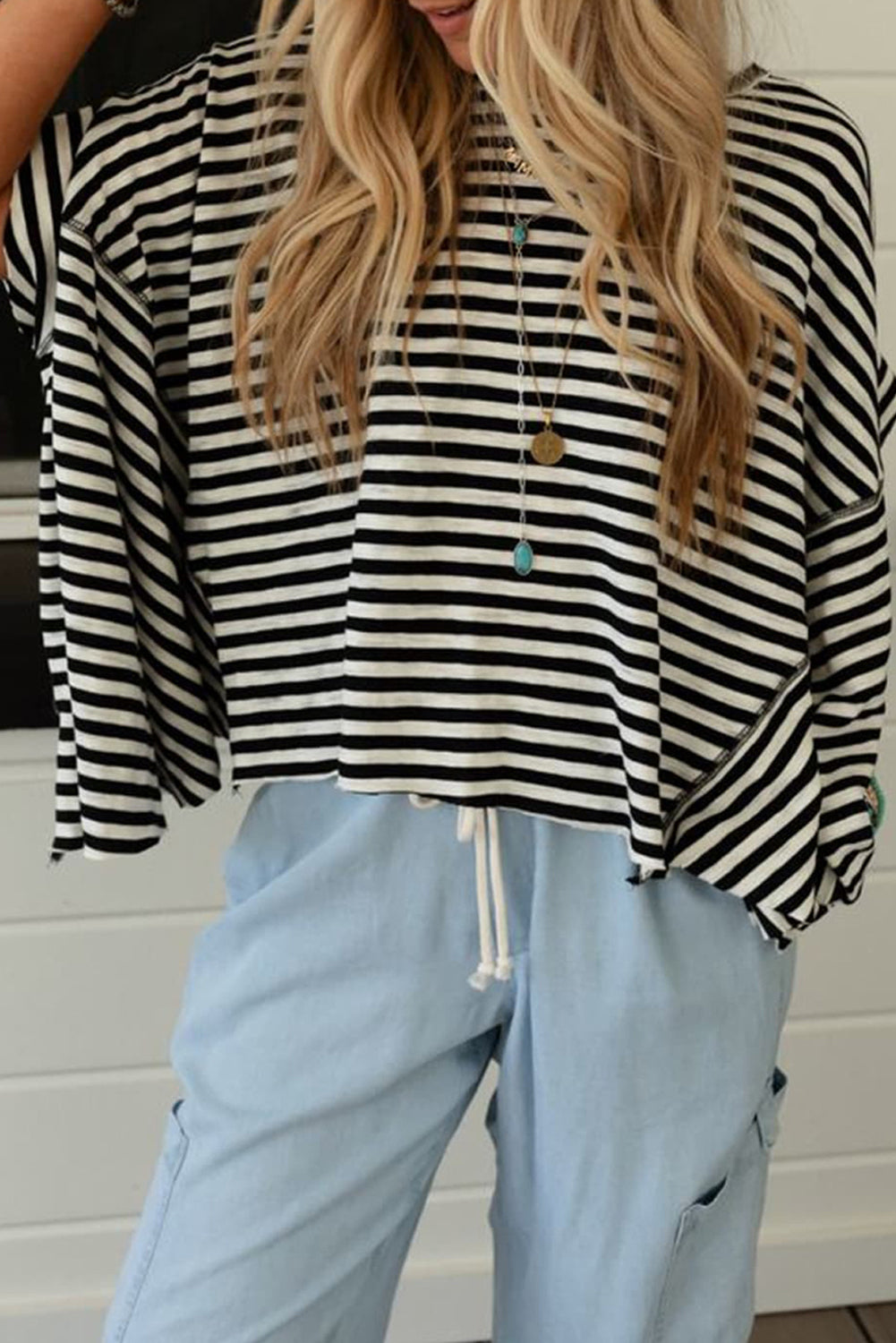 Stripe Batwing Sleeve Crewneck Oversized Top
