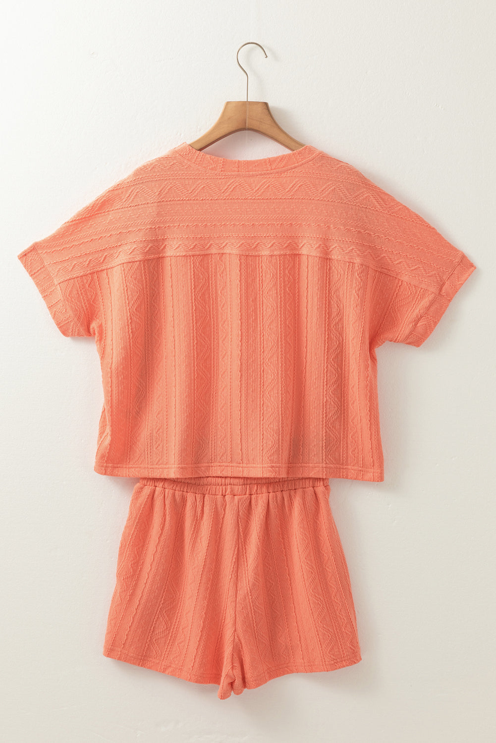 Textured Patched Pocket Short Sleeve Top Drawstring Shorts Set