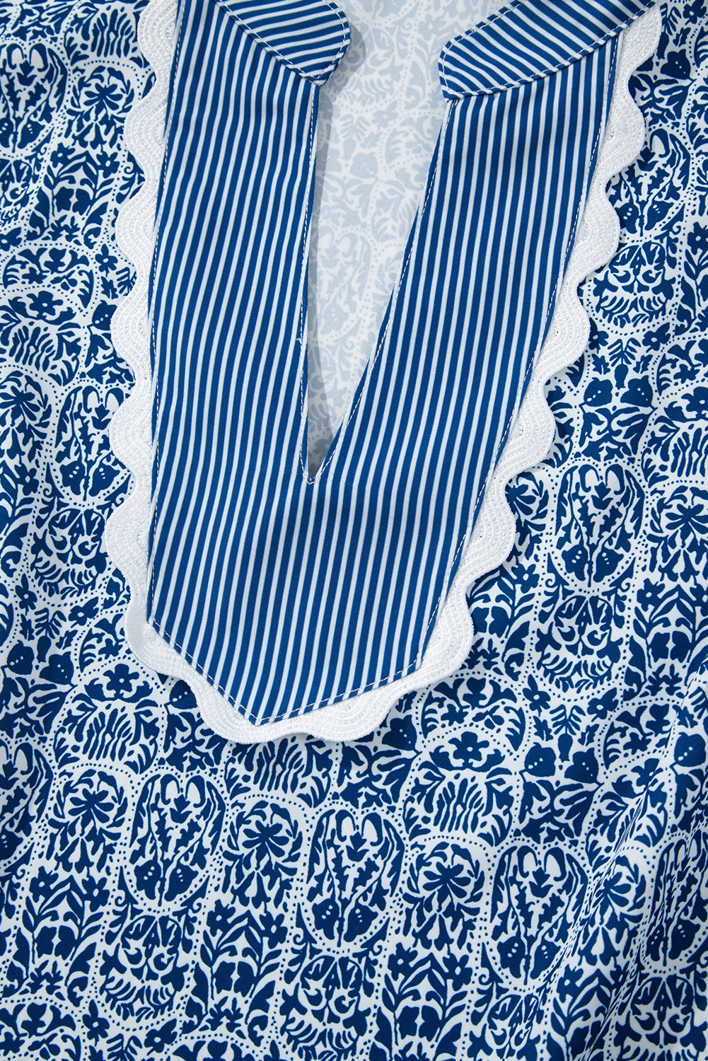 Blue Floral Striped Print Contrast Puff Sleeve Top