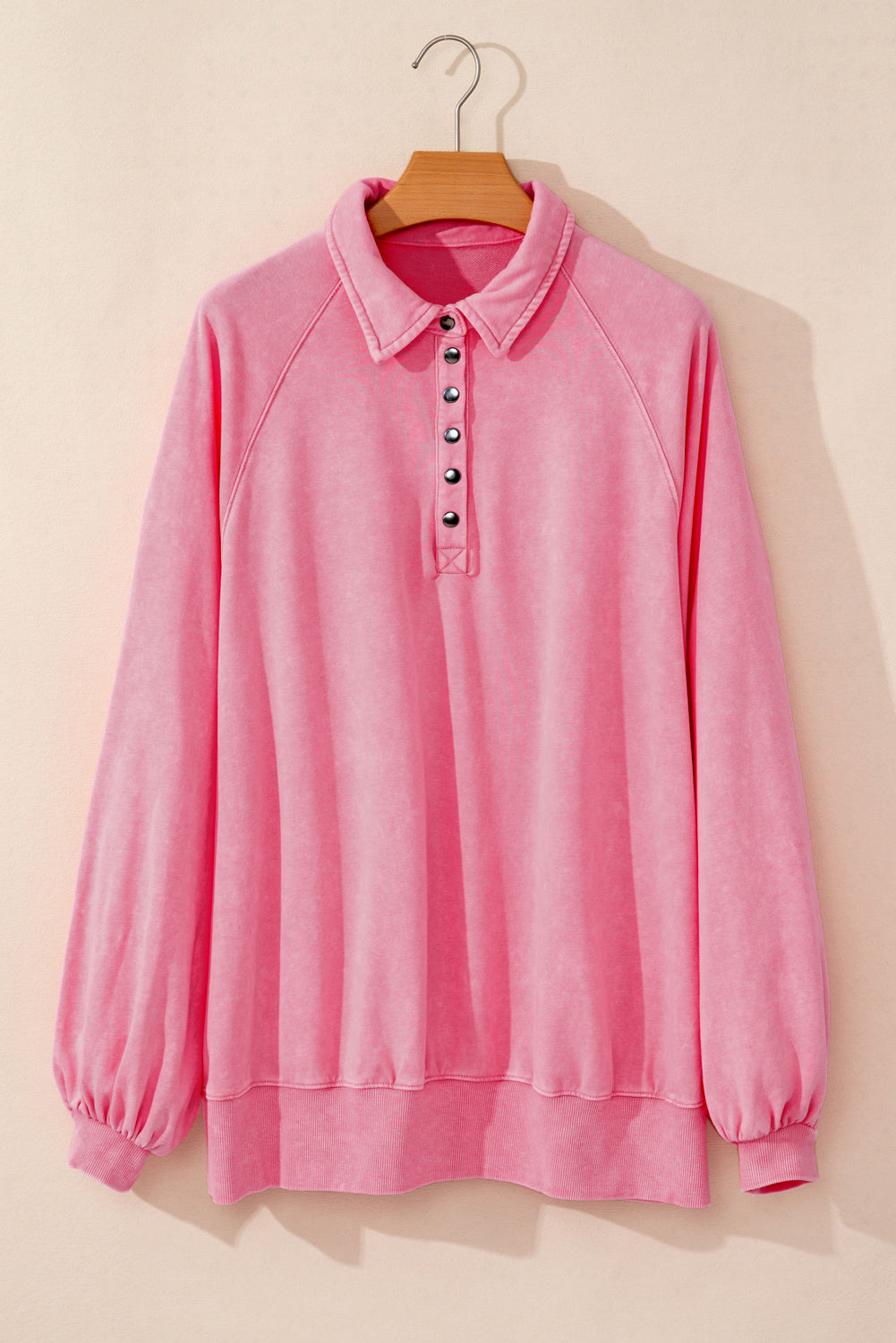 Solid Snap Buttons Collared Balloon Sleeve Oversized Sweatshirt