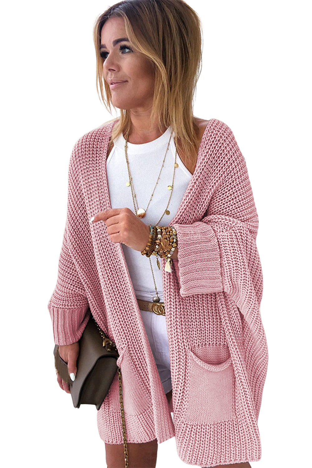 Oversized Fold Over Sleeve Open Front Cardigan