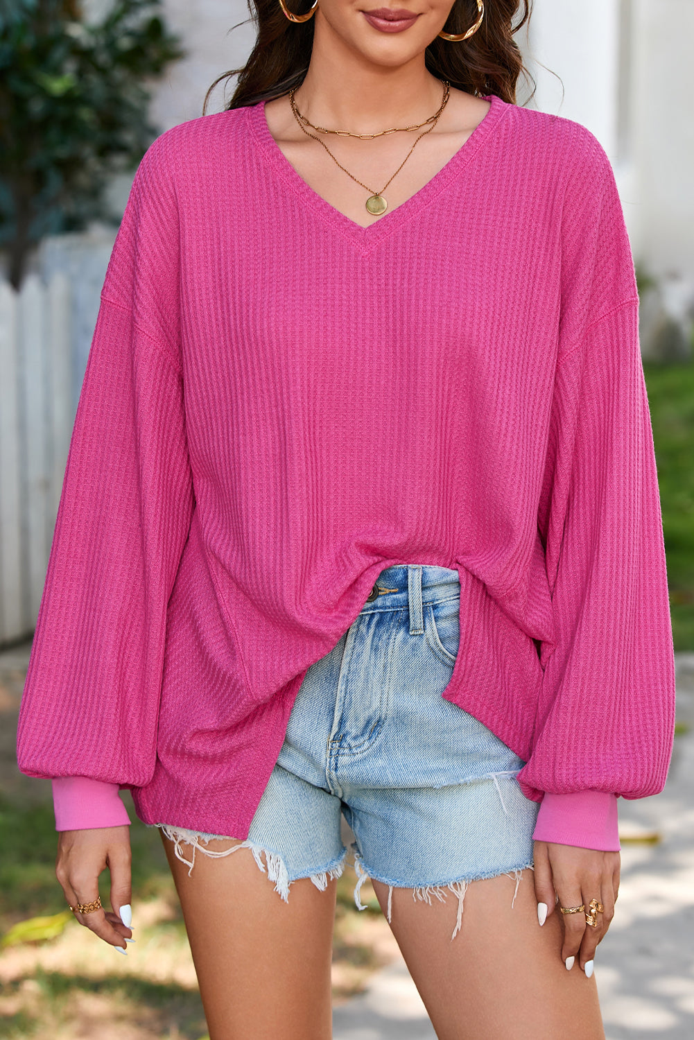 Blackish Green Waffle V Neck Long Sleeve Drop Shoulder Loose Blouse