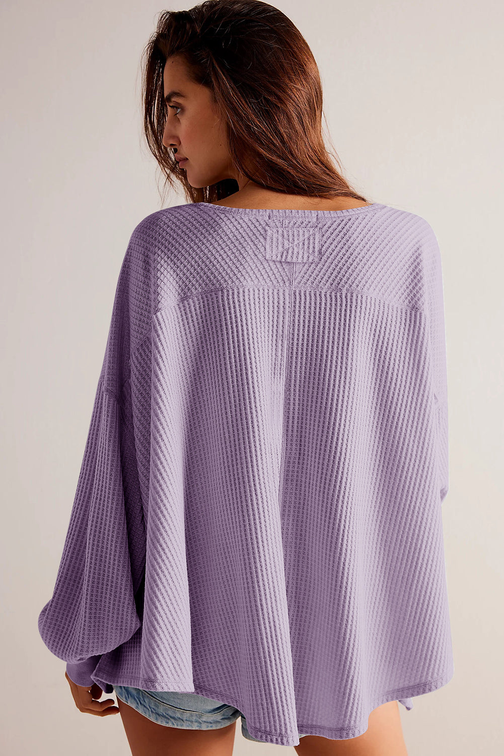 Blackish Green Waffle V Neck Long Sleeve Drop Shoulder Loose Blouse