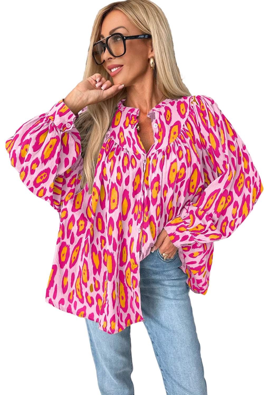 Oversized Leopard Print Balloon Sleeve Casual Shirt