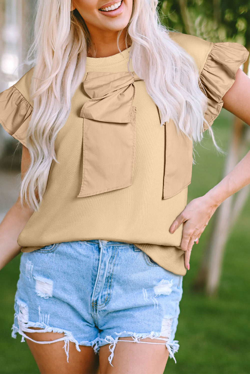 Parchment Ribbon Bow Ruffle Sleeve Top